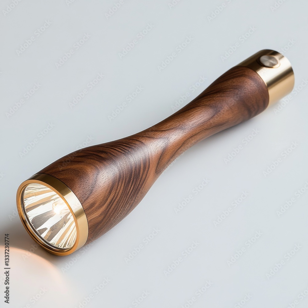 Aufkleber elegant wooden flashlight with brass accents, illuminating a gentle light on a clean white surface -