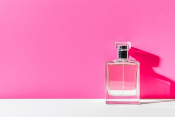 Pink background, clear glass perfume bottle