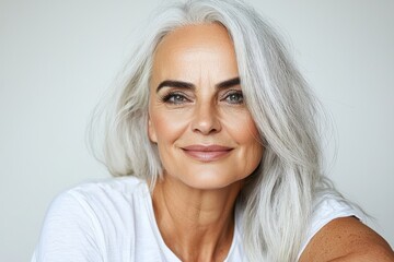 Naklejka premium A 50s mature woman, isolated on a white background, represents the idea of skincare and beauty through cosmetics