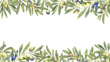 Watercolor green purple olives branch frame border. Hand painted floral illustration olive fruit, tree branches, leaves isolated background. Drawings food. Edible foliage. For menu wrapping card gift