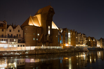 Medieval Crane of Gdansk at Night
