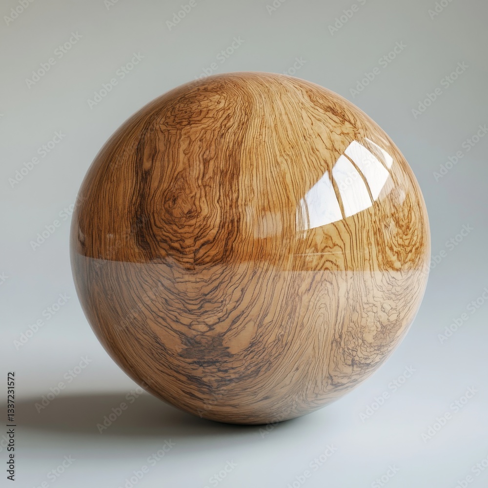 Aufkleber Glossy Wooden Sphere with Intricate Grain Patterns and Light Reflections on a Minimalist Gray Background