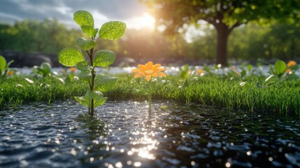 Naklejka premium Plants Growing in Water, Sunlight
