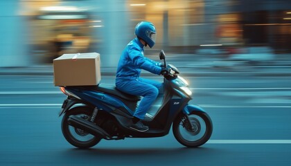 Blue Uniformed Delivery Man On Motorcycle With Delivery Box: Fast Food And Parcel Delivery Service With Express Shipping.