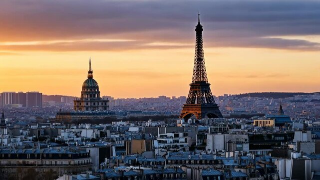 Sunset view of Paris skyline featuring the Eiffel Tower and historic architecture