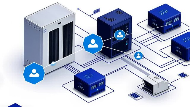 Data center network layout showcasing interconnected servers and user icons with data flow