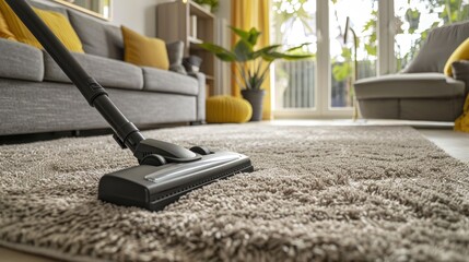 A vacuum cleaner cleaning a shaggy carpet in a contemporary, bright, and cozy living room