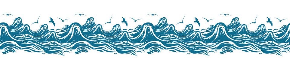 Seamless background waves and seagulls. Not AI, Vector illustration