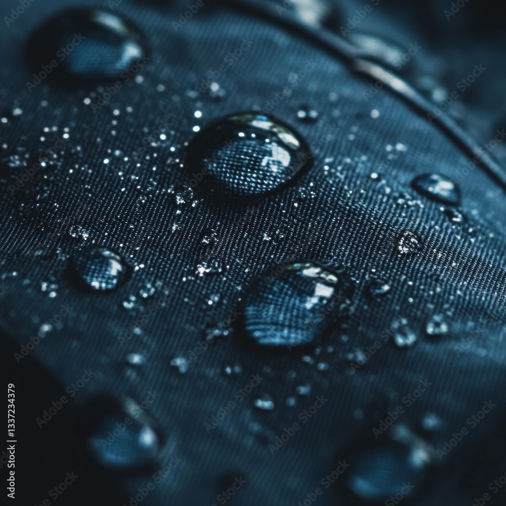 Poster water droplets on woven fabric: a macro shot of hydration, texture and patterned surface after the r