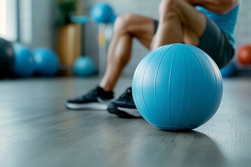 Naklejka premium a person working out with blue exercise ball in gym.