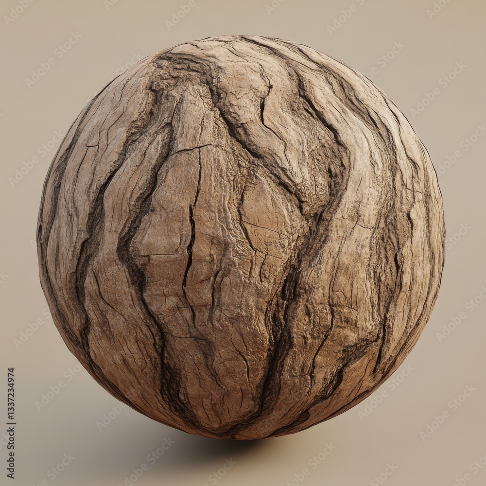 Poster wooden globe: close-up of a spherical sculpture with rough bark texture and earthy brown tones on a 