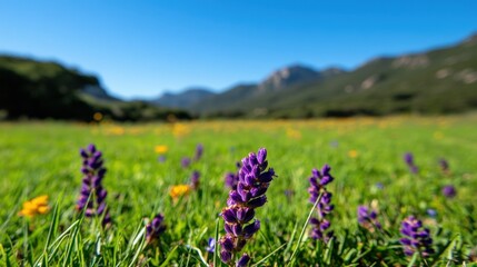 Obraz premium Lush meadow with vibrant purple and yellow wildflowers, mountains in the background