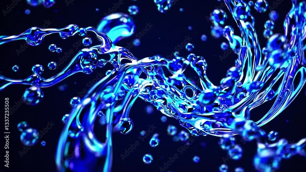 Poster abstract splashing water is forming intricate shapes and droplets on a dark blue background, creatin