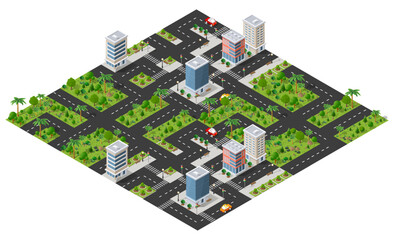 Isometric city view showcasing skyscrapers, roads, parks, and cars navigating the urban environment