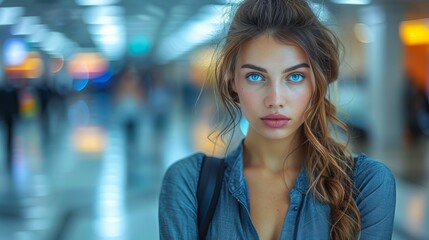 Obraz premium Portrait of a Confident Young Woman with Striking Blue Eyes Outdoors of Urban Environment