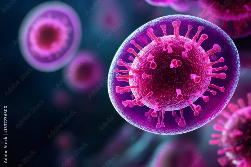 Poster microscopic view of virus infecting cell, 3d render