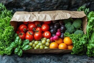 Fresh produce assortment in a paper bag showcasing vibrant fruits and vegetables