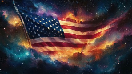 Waving american flag in cosmic background space digital art vibrant colors inspirational patriotism