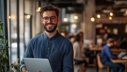 Cheerful Young Businessman Working Thoughtfully In A Co-Working Space, Holding A Laptop In A Modern Workspace.