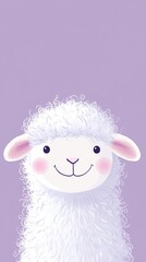 Fototapeta premium A simple flat illustration of a cheerful white lamb with curly wool against a purple background