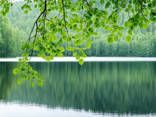 Obraz premium Serene lake view framed by lush green leaves, reflecting nature's tranquility