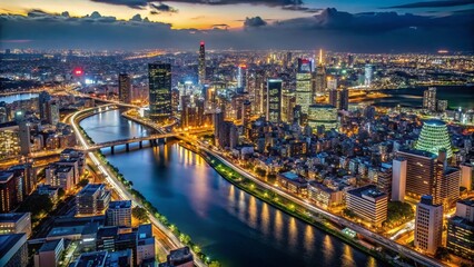 Naklejka premium Osaka Night Aerial Drone Photography: Cityscape, Skyline, Lights, River, Japan