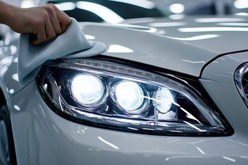 Detailer cleans headlight of luxury vehicle in bright workshop