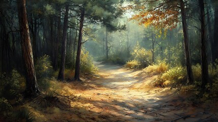 Naklejka premium A serene forest with a pine needle carpet, golden sunlight filtering through, and a gentle breeze whispering through the trees.