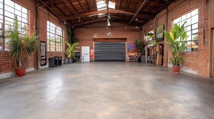 Fototapeta premium Spacious industrial loft with exposed brick walls, high ceilings, and large windows