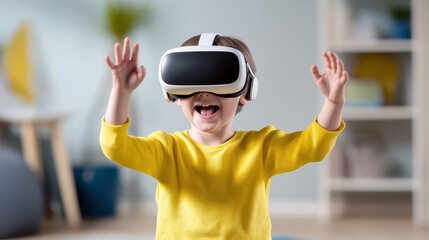 child playing in virtual reality glasses, preschool child using virtual reality glasses at home, modern entertainment and artificial intelligence