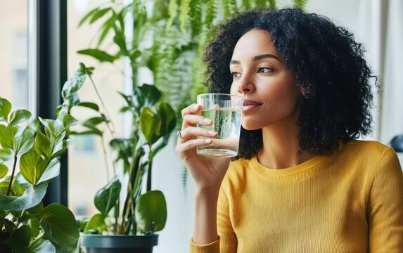 Junge Frau trinkt Wasser in einer gr&uuml;nen, nat&uuml;rlichen Wohnatmosph&auml;re, gesunder Lebensstil &ndash; Young woman drinking water in a green, natural home environment, healthy lifestyle