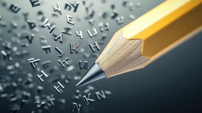 A dynamic 3D pencil writing in mid-air, creating flying letters that swirl around it. Vibrant and creative design symbolizing imagination, education, and artistic expression.