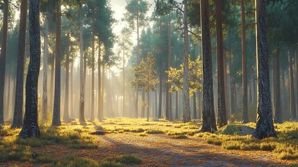 A tranquil forest with a soft carpet of pine needles, dappled sunlight, and a gentle breeze rustling the leaves 