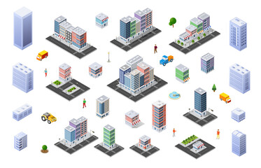 Isometric city buildings, skyscrapers, shops, trees and vehicles composing a cityscape