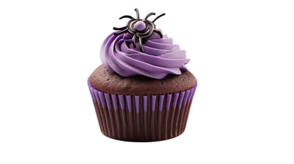 A single chocolate cupcake with purple frosting and a decorative topper on a black backgroundisolated on transparent background	