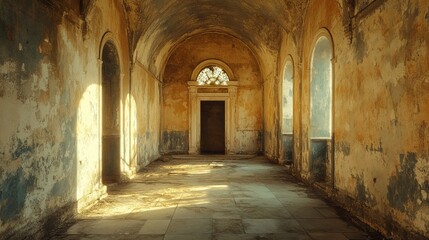 Abandoned rustic corridor with weathered walls and arched windows illuminated by sunlight.