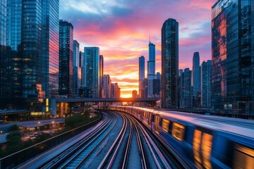 Fototapeta premium Elevated train moving through chicago at sunset with dramatic sky