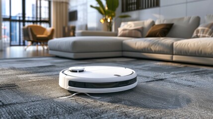 Robot vacuum cleaner in modern living room with wooden floors and stylish, minimalist design for a cozy ambiance