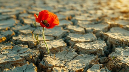 Vibrant red flower thriving in parched earth  a symbol of resilience and hope amidst adversity