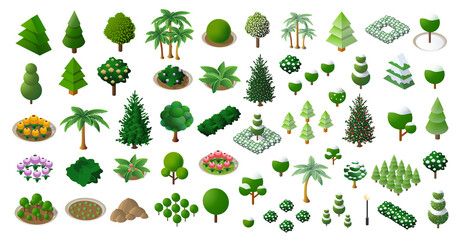 Collection of isometric trees and plants for landscaping and garden design