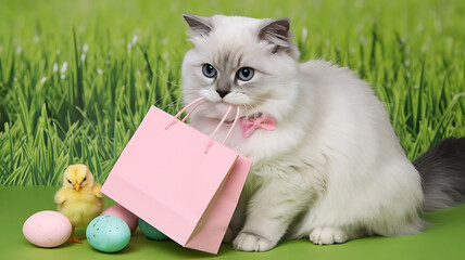 Cute Blue-Eyed White Cat Holding an Egg in a Green Field, Anime White Kitty, created with generative ai