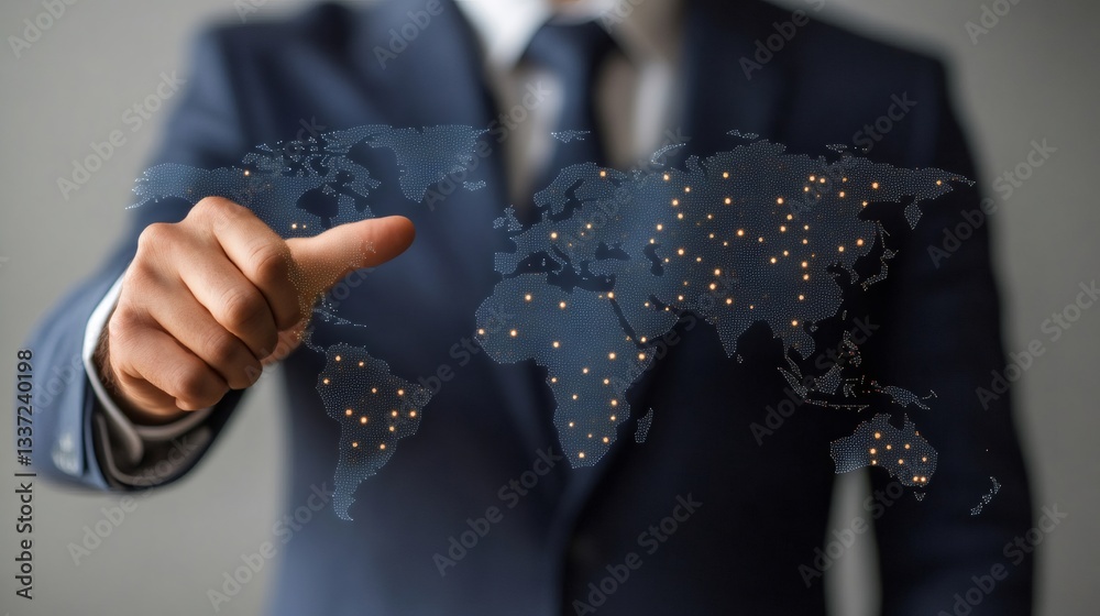 Poster businessman pointing at glowing world map representing global business and technology
