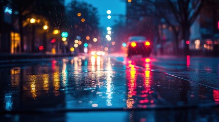 Fototapeta premium A quiet street reflecting city lights after a heavy rainstorm.