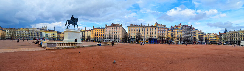 France travel destination and beautiful places. Lyon city, urban scenery of old town . panorama of biggest square Bellecour, popular tourist attraction