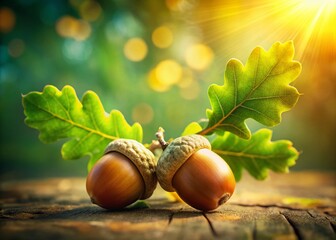 Panoramic Autumn Scene: Two Acorns Nestled Among Lush Green Oak Leaves