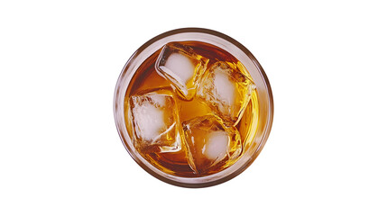 A glass of iced tea with ice cubes in it