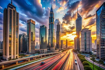 Fototapeta premium Panoramic Cityscape: Skyscrapers & Fast-Moving Traffic