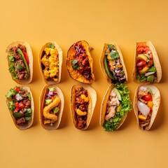 Mexican tacos with beef, vegetables and cheese on yellow background. Flat lay, top view, selective focus. Copy space.