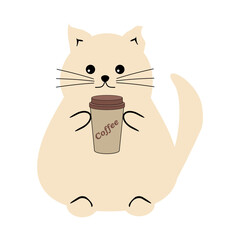 Nice funny fat cat with paper cup of coffee on white background vector illustration 