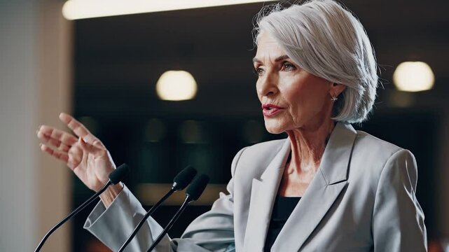 Senior businesswoman delivering an important speech at a business conference, standing at the podium and addressing the audience with confidence and expertise